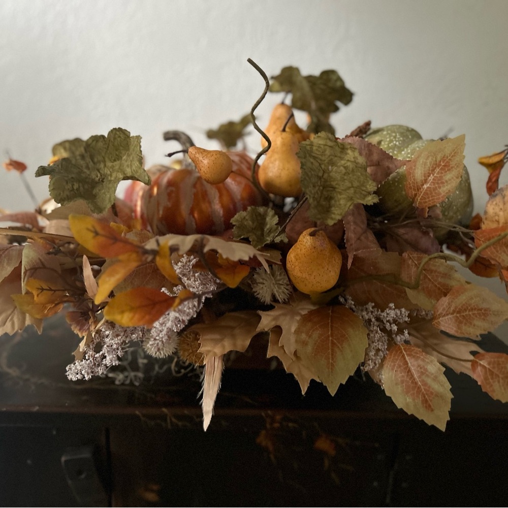 Autumn Harvest Centerpiece with Pumpkins and Leaves